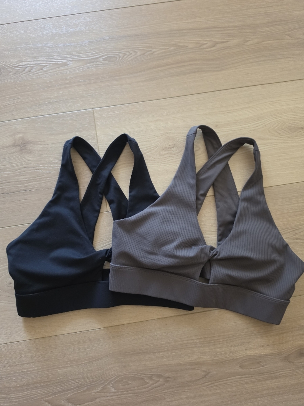 Fabletics Oasis Twist Ribbed Grey and  Black Sports Bras - Cross Back